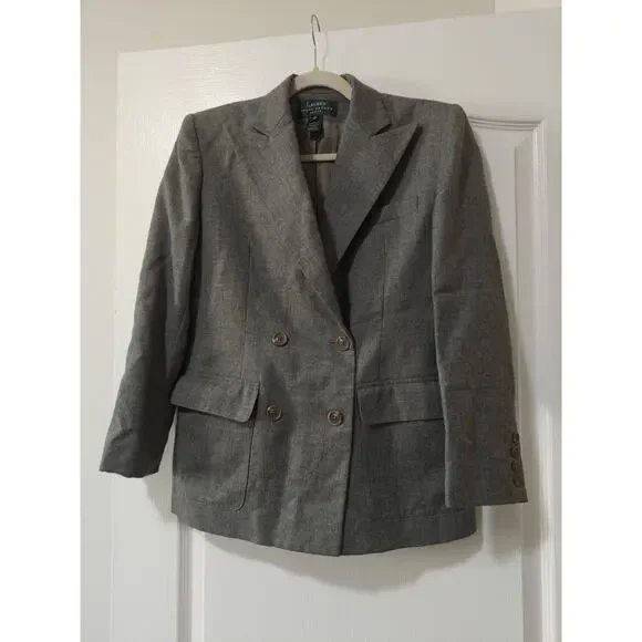 Lauren Ralph Lauren Vintage Gray Wool Petite Double Breast Blazer Classic Sz 4P - Picture 3 of 10
